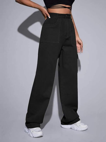 Kotty WomenS Solid High Rise Relaxed Fit Cargo Jeans Jade Black