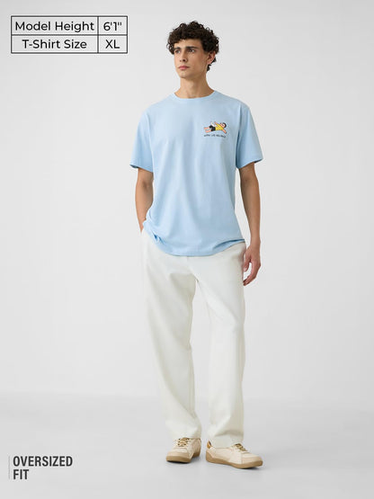 The Souled Store Relaxed T-Shirt: Work Life Balance Men and Boys Short Sleeves Round Neck Blue Graphic Printed Regular Fit Cotto
