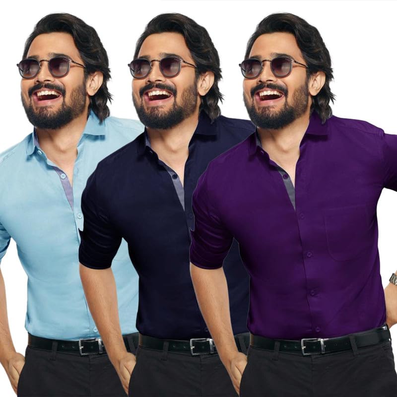 Pinkmint Shirt for Men ll Cotton Blend Casual Shirt ll Long Sleeve Formal Mens Shirt ll Regular Fir Shirt (Pack of 3)