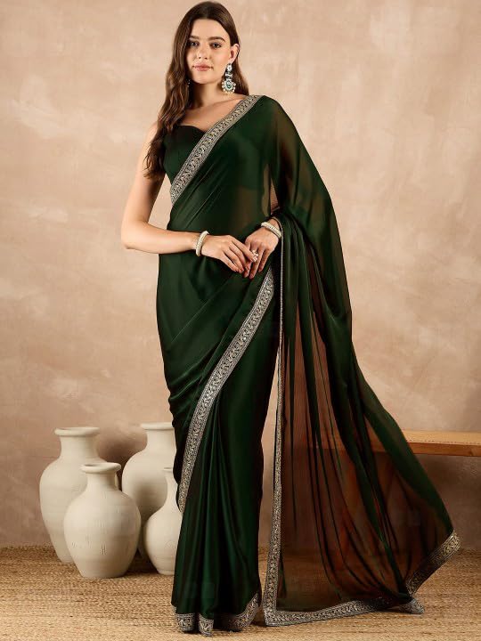 Cb-Colebrook Women'S Soft Satin Saree With Embroidered Sequin Border With Blouse Piece, Traditional Indian Ethnic Wear, Party, W