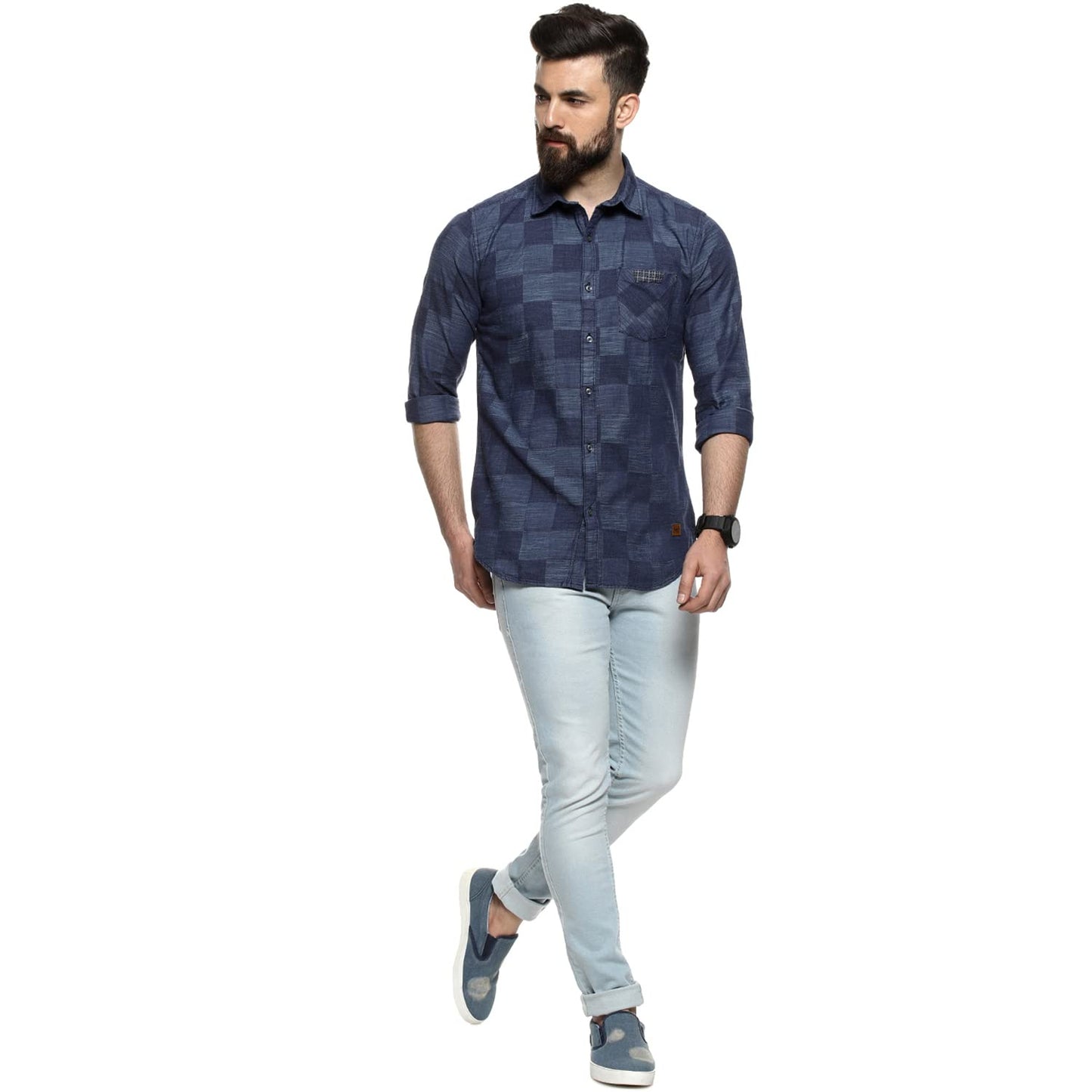 Campus Sutra Mens Regular Fit Full Sleeve Shirt for Casual Wear |Blue|Check Printed|Front Spread Collar|Shirt Crafted with Comf