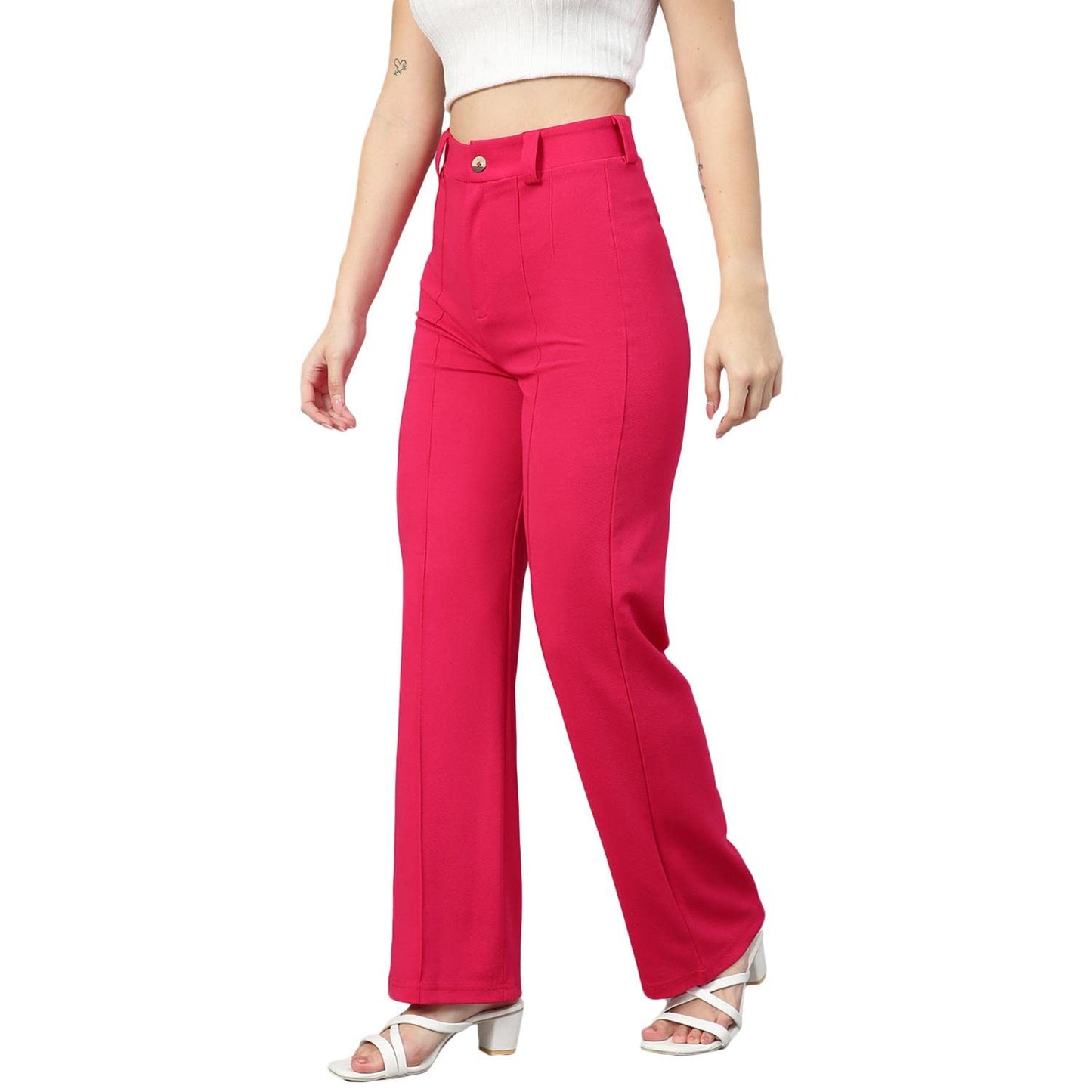 Kotty Womens High Rise Viscose Rayon Solid Trousers Rani Pink