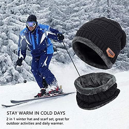 Digital Shopee Winter Knit Beanie Set Of Cap Hat Neck Warmer Scarf And Woolen Gloves Set Skull Cap For Men/Women - (Black, 3 Pie