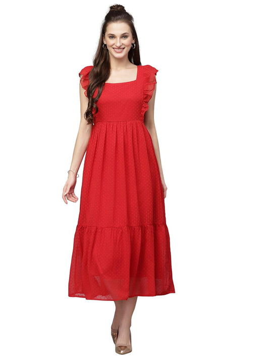 Avanova Georgette Jacquard Butti Red Square Neck Knee Length Western Dresses For Women (Dress 89 Red Xl)
