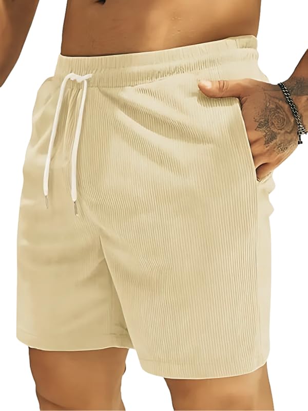 Smowkly MenS Premium Polycotton Casual Ribbed Shorts || Elastic & Drawstring Waist With 2 Pocket || Loose Fit Lightweight Burmu