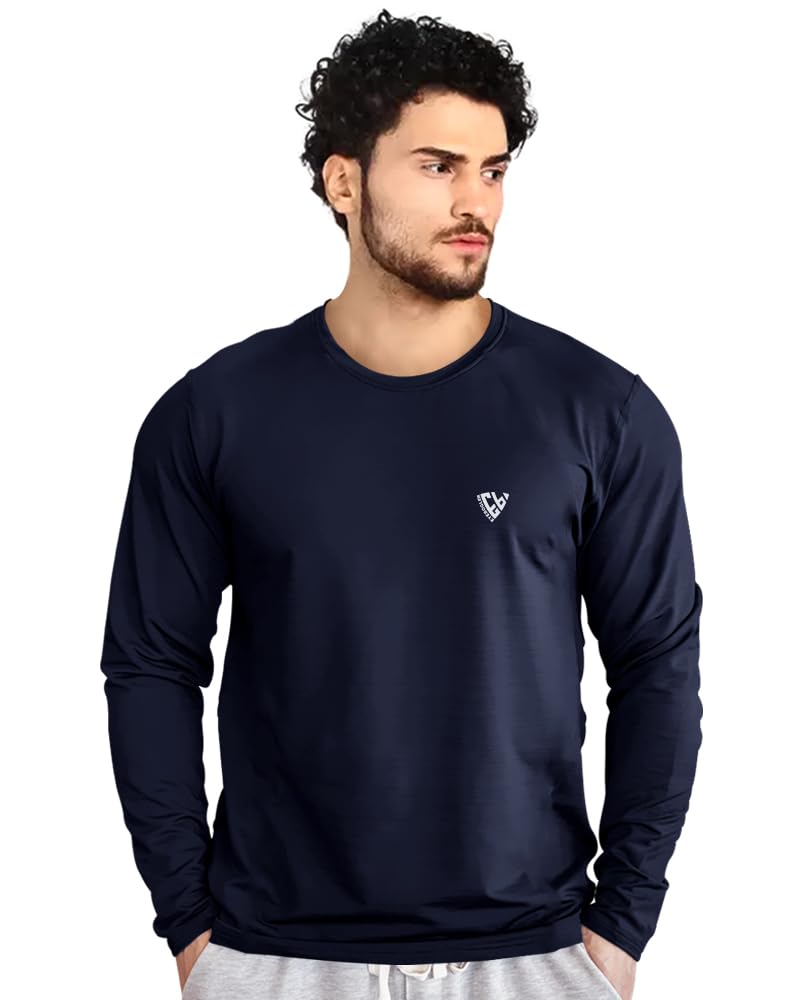 Eyebogler Men Dry Fit Round Neck Full Sleeve Activewear Tshirt Navy Blue