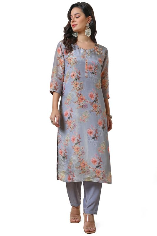 Soch Womens Blue Tissue Floral Print Kurta Set