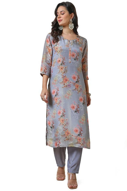 Soch Womens Blue Tissue Floral Print Kurta Set