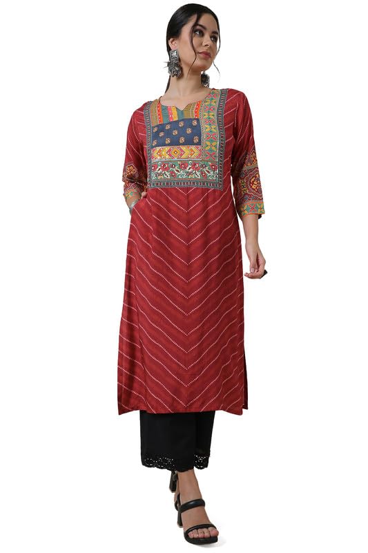 Soch Womens Brick Red Viscose Muslin Bandhani Print Kurta