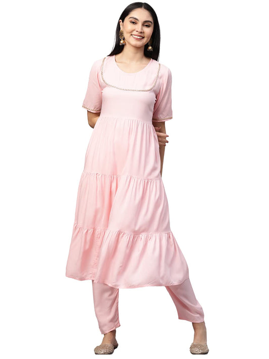 ANNI DESIGNER Women's Cotton Anarkali Kurta with Pant (KRUSHA Pink)