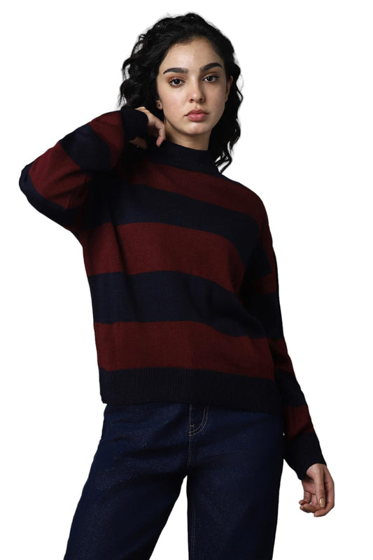 High Star WomenS Acrylic Round Neck Pullover Sweater (Hswsww23007_Mc8_Multicolored4 Red