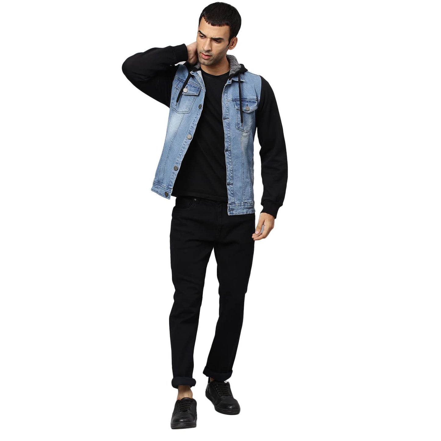 Campus Sutra Mens Medium-Washed Denim Classic Collar Single Breasted with Sweatshirt Sleeves and Hoodie Lined Distressed Denim