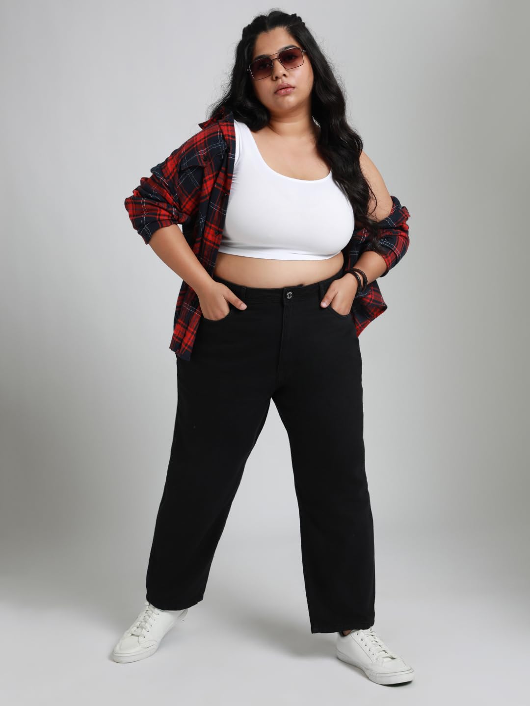 High Star Women Plus Size Mom Fit High-Rise Stretchable Jeans Black