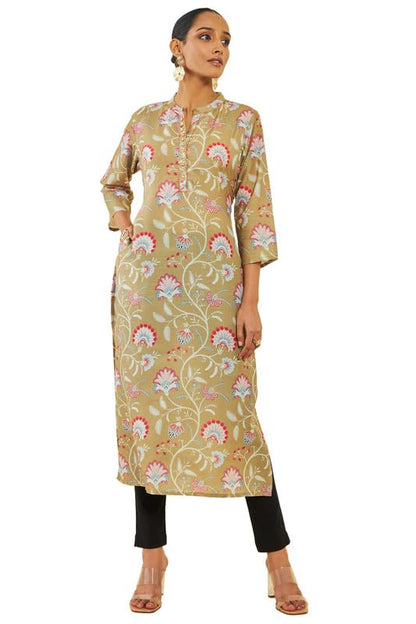Soch Womens Beige Muslin Floral Print Straight Kurta with Beads Work