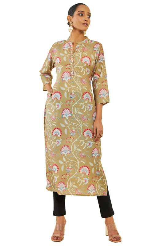 Soch Womens Beige Muslin Floral Print Straight Kurta with Beads Work