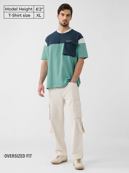 The Souled Store Bliss Men and Boys Short Sleeves Round Neck Green Colourblock Cotton Oversized Zipper Polos