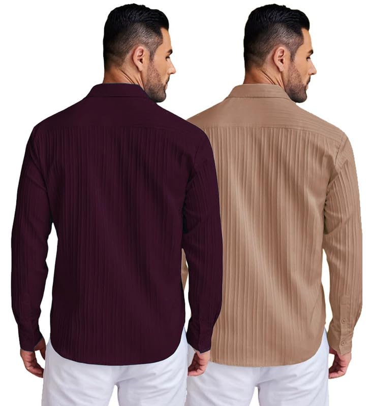 Deelmo Combo Of MenS Casual Button Down Shirts Long Sleeve Linen Shirt Fashion Textured Summer Shirts Pack Of 2
