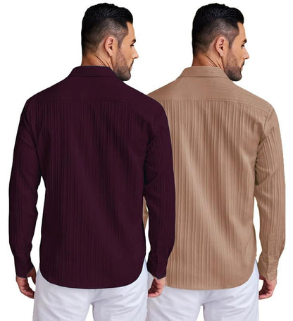 Deelmo Combo Of MenS Casual Button Down Shirts Long Sleeve Linen Shirt Fashion Textured Summer Shirts Pack Of 2