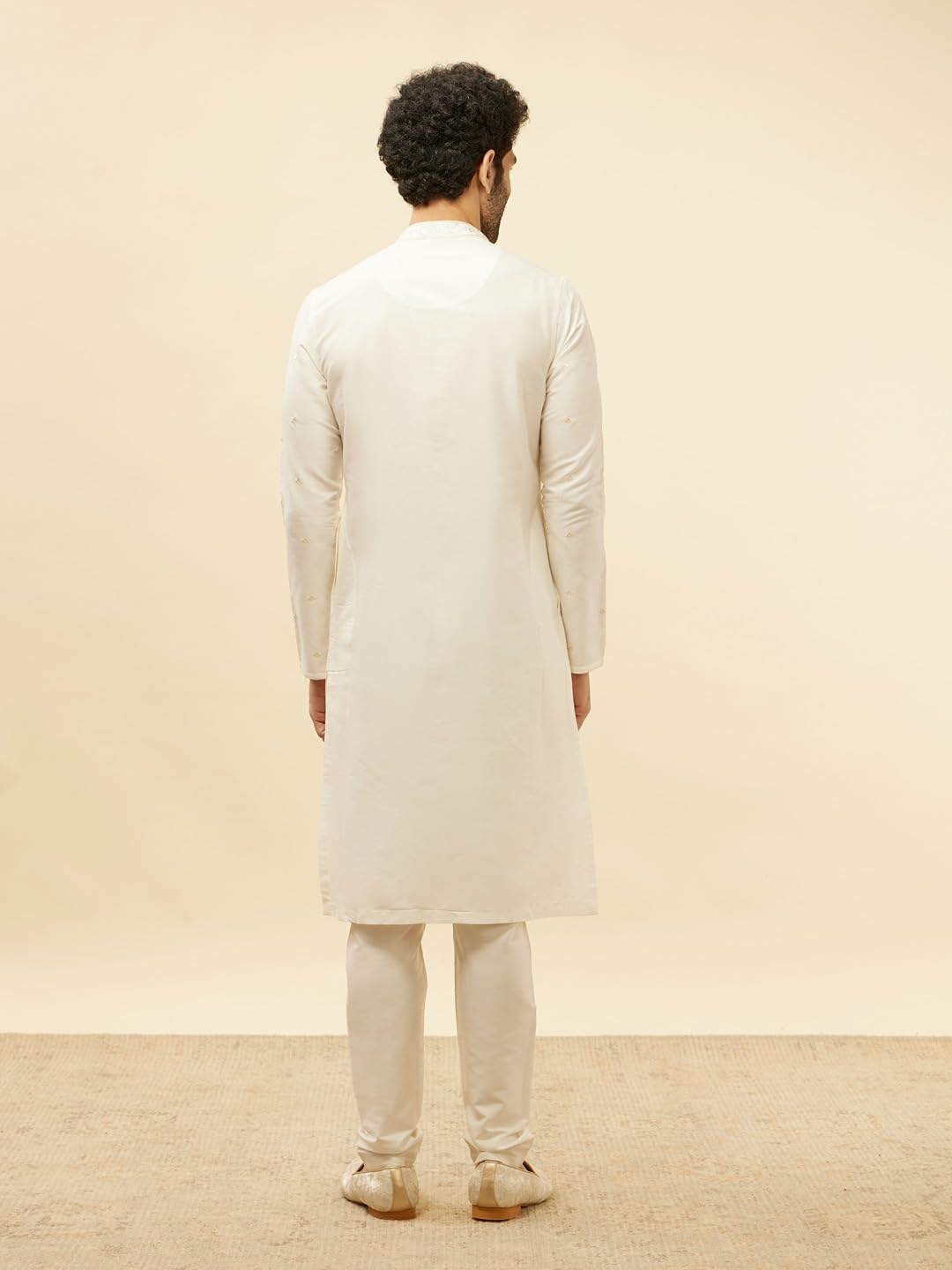 Manyavar Mens Warm White Blended Viscose Embroidered Kurta Pyjama Set