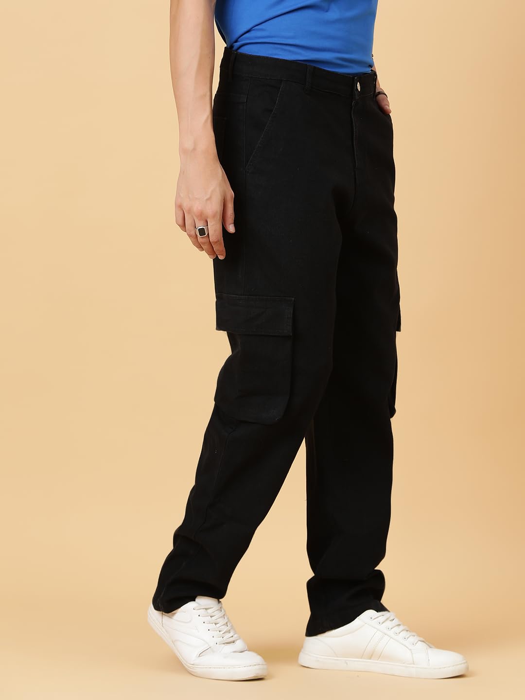 Kotty MenS Solid Mid Rise Straight Fit Stylish Looking Cargo Jeans(Black,32)
