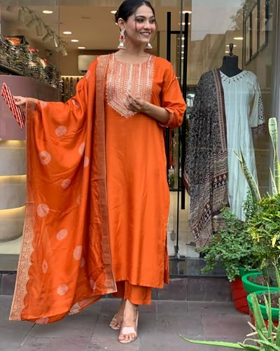GoSriKi Ladies Straight Kurta Set with Trousers & Dupatta, Orange, Size 48, Model PUNEETA ORANGE-GS