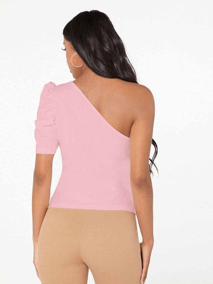 Shasmi Womens & Girls Peach Short Puff Sleeve, One Shoulder Neck, Ruched Bust Solid Tops for Women/Tops, T-Shirts for Girls (T