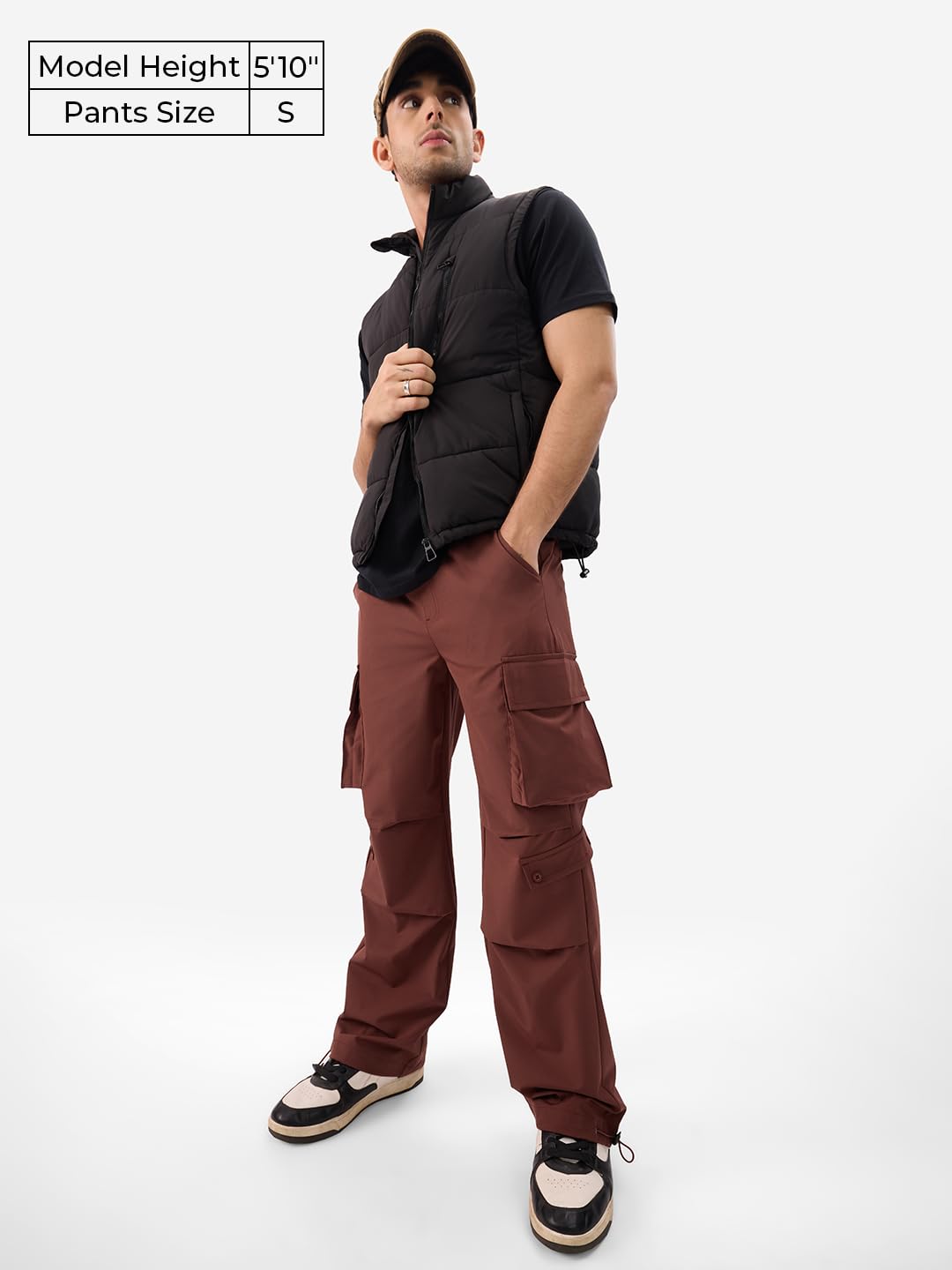 The Souled Store Solids: Deep Brown Men and Boys Elasticated Toggles Leg Closure Cotton Baggy Fit Parachute Pants