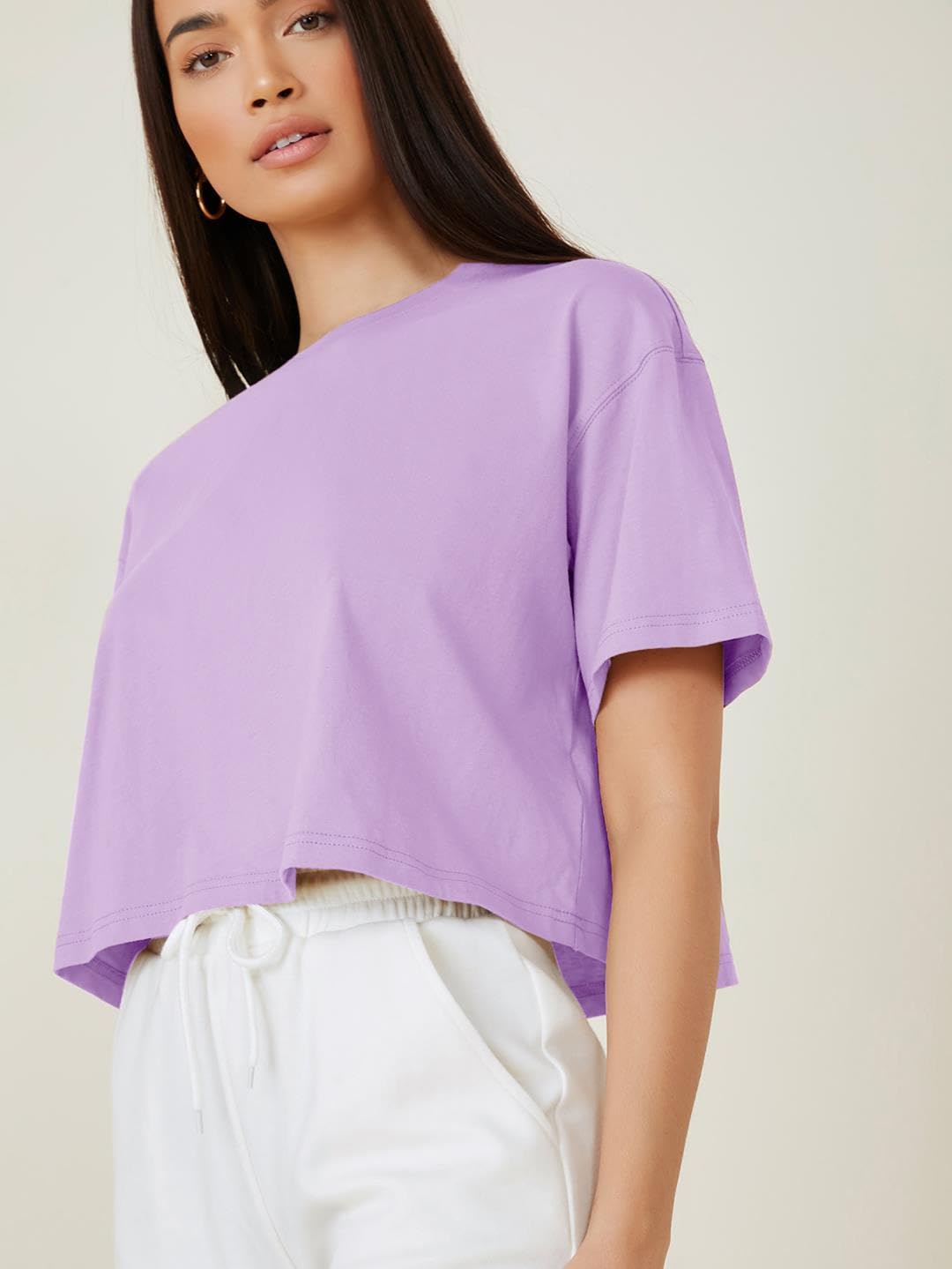 Kotty WomenS Solid Cotton Blend Oversized Crop T-Shirts