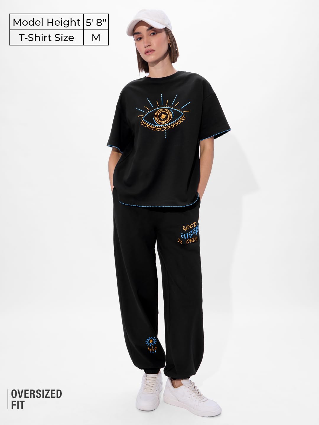 The Souled Store Evil Eye Women and Girls Short Sleeve Round Neck Black Graphic Printed Cotton Oversized T-Shirts