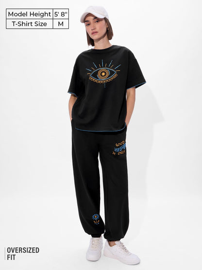 The Souled Store Evil Eye Women and Girls Short Sleeve Round Neck Black Graphic Printed Cotton Oversized T-Shirts