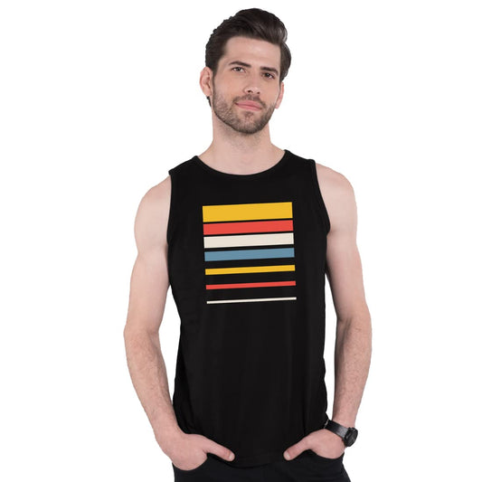 Bewakoof Men Sunset Block Printed Black Sleeveless Round Neck Vest - S