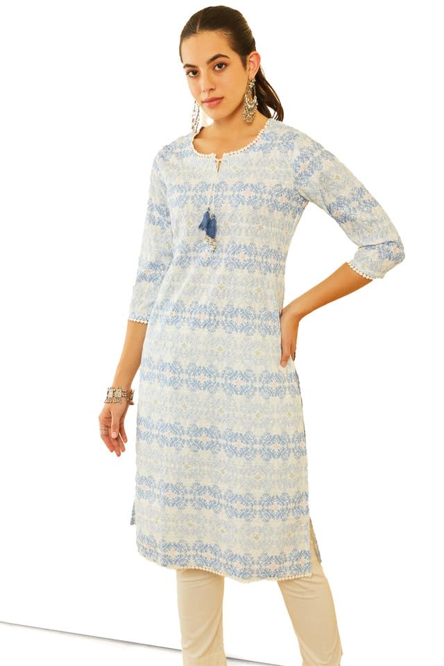 Soch Womens Off White Poly Cotton Embroidered Kurta with Tassels