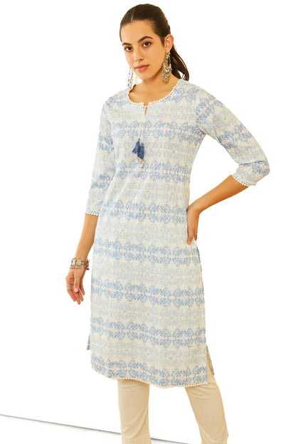 Soch Womens Off White Poly Cotton Embroidered Kurta with Tassels