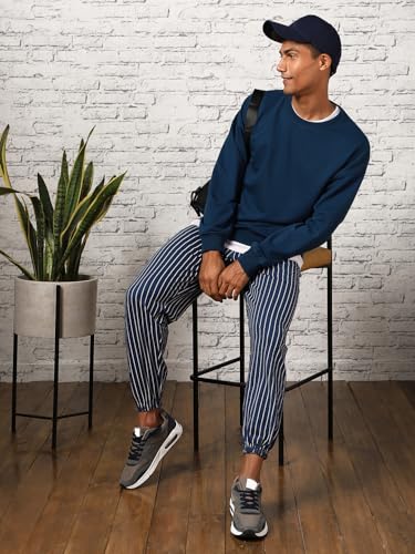 Nobero MenS Cotton Blend Crew Neck Sweatshirt (1M-Twss-R0005_Navy Blue