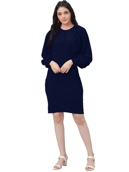 Shasmi WomenS Comfortable Navy Blue Round Neck Full Sleeve Solid Midi Bodycon Casual Western Stylish Dress For Womens/Midi Dres