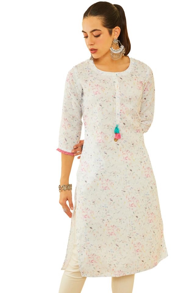 Soch Womens White Viscose Blend Botanical Printed Kurta With Tassels