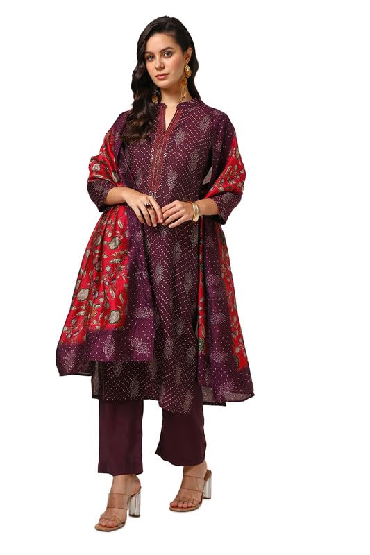 Soch Womens Wine Muslin Blend Bandhani Print Suit Set