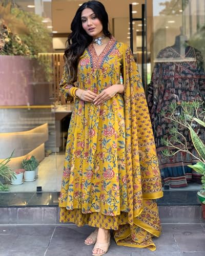 GoSriKi Women's Anarkali Kurta Set with Palazzo & Dupatta, Yellow, Size 44, Model CIA-CLRS-GS