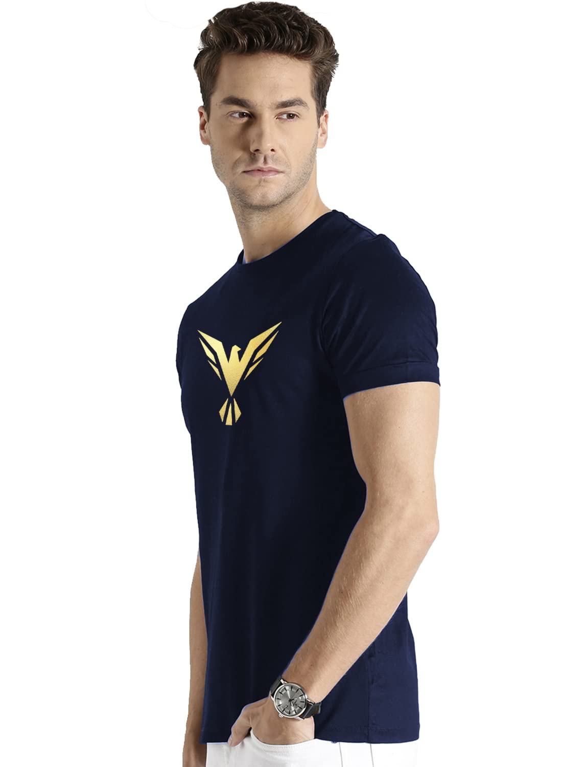ADRO Men's Bird Gold Printed Cotton T-Shirt (RN23-GL-BIR-NB_Navy)