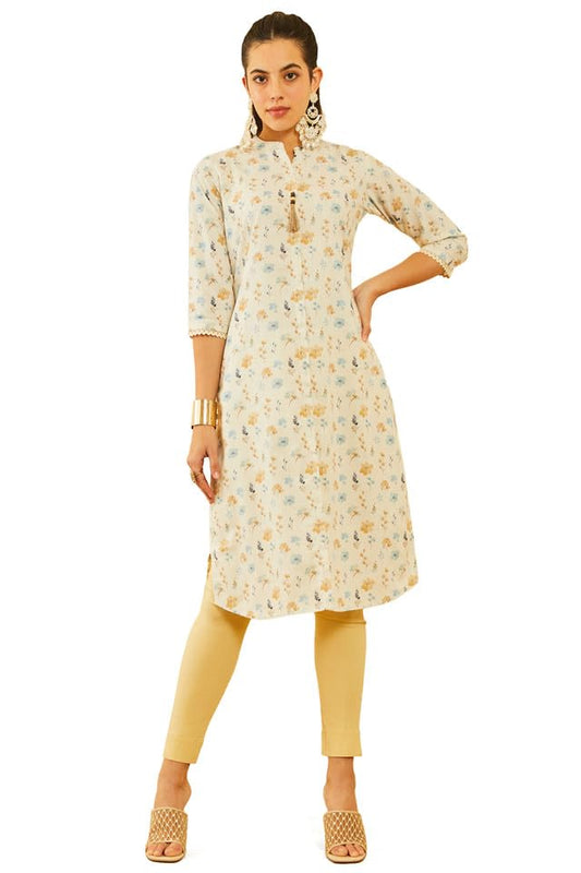 Soch Womens Off White Poly Cotton Floral Printed Kurta with Tassels