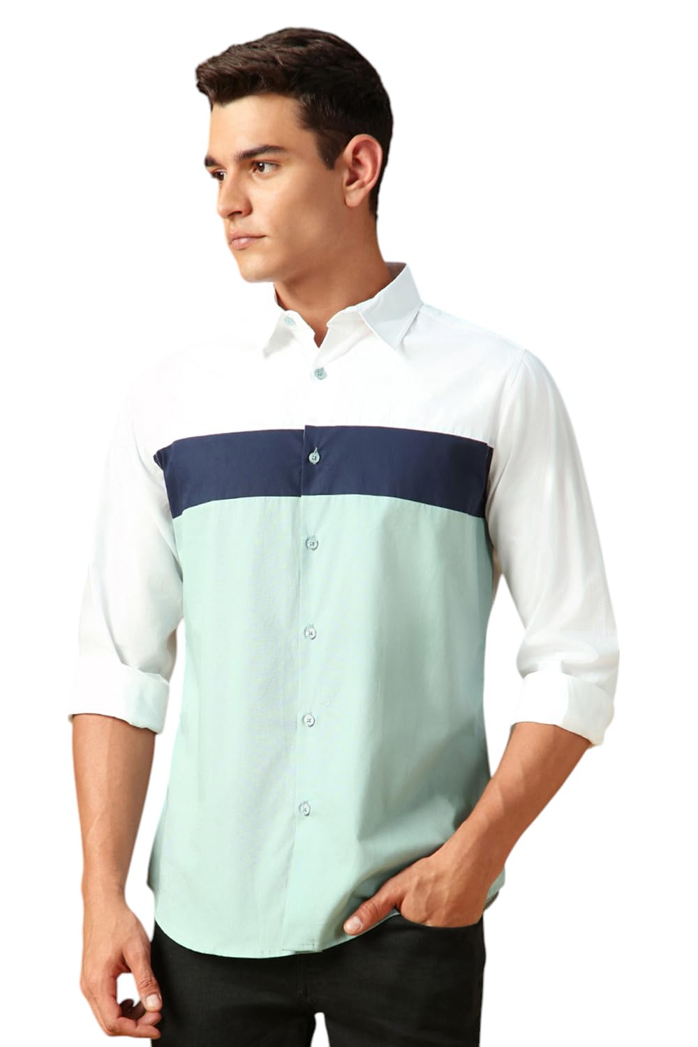 Dennis Lingo Men Colorblock 100% Cotton Regular Fit Full Sleeves Shirts White