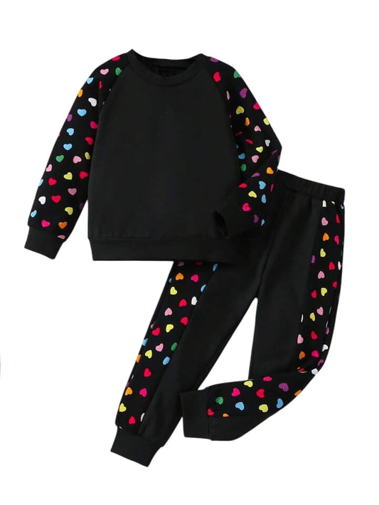 TAGAS Polyester Girls 2 Piece Outfits Heart Printed Long Sleeve Crewneck |||| Two-Piece Set FOR GIRLS ||GIRLS Dress||(GTP-75),