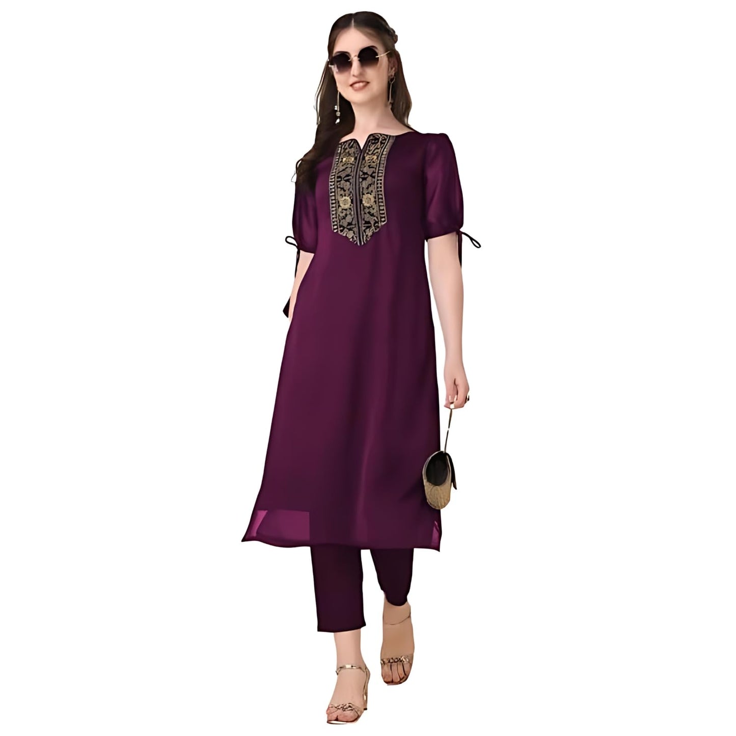 Goroly WomenS Silk Blended Solid Embroidered Pattern Straight Cut Kurta Pant With Puff Sleeve V-Neck Ankle Length And A-Line St