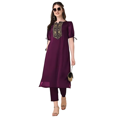 Goroly WomenS Silk Blended Solid Embroidered Pattern Straight Cut Kurta Pant With Puff Sleeve V-Neck Ankle Length And A-Line St