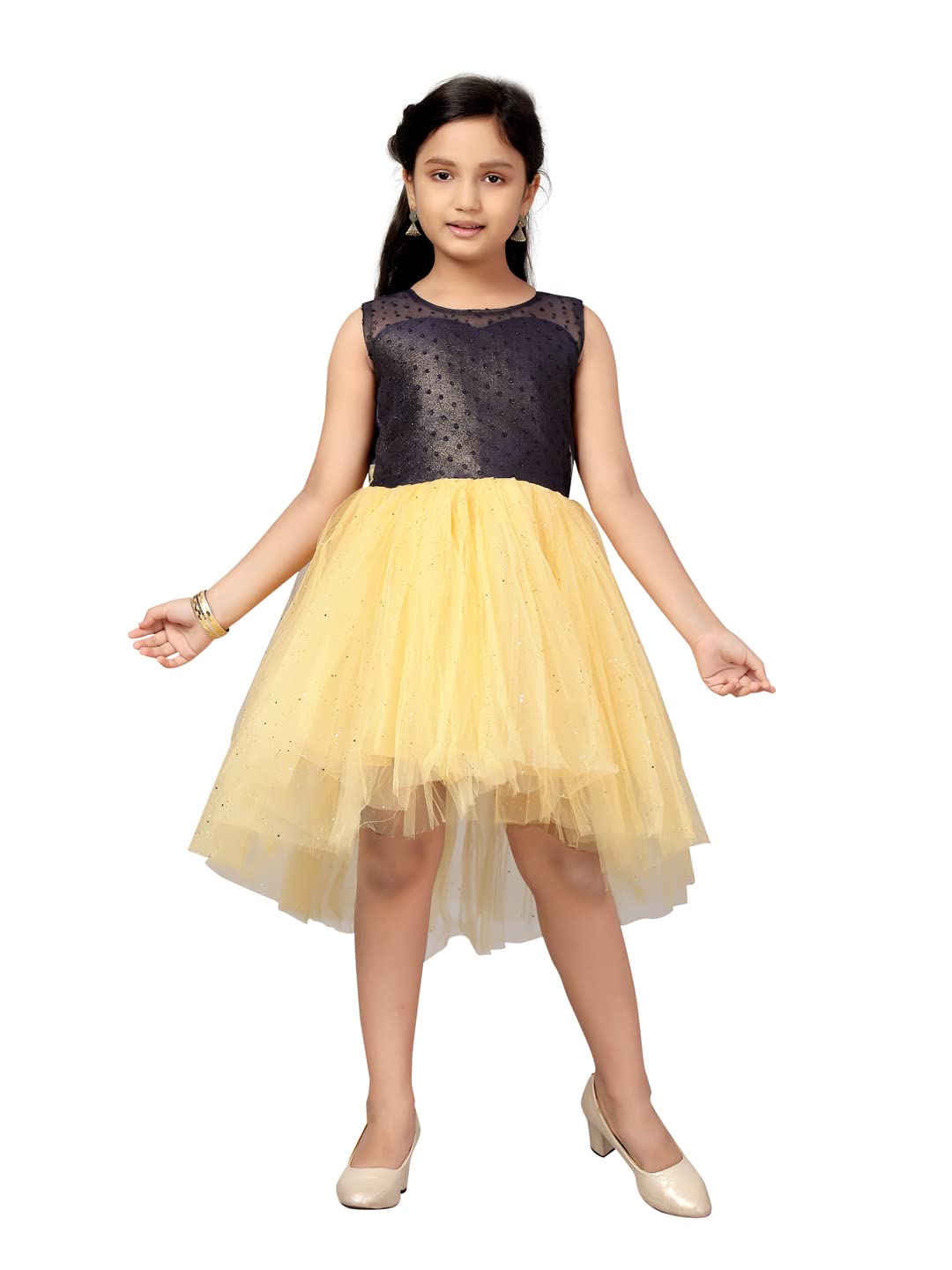 Aarika Girl's Polyester Skater Knee-Length Dress (FK-3005_Navy Blue-Fawn_26)