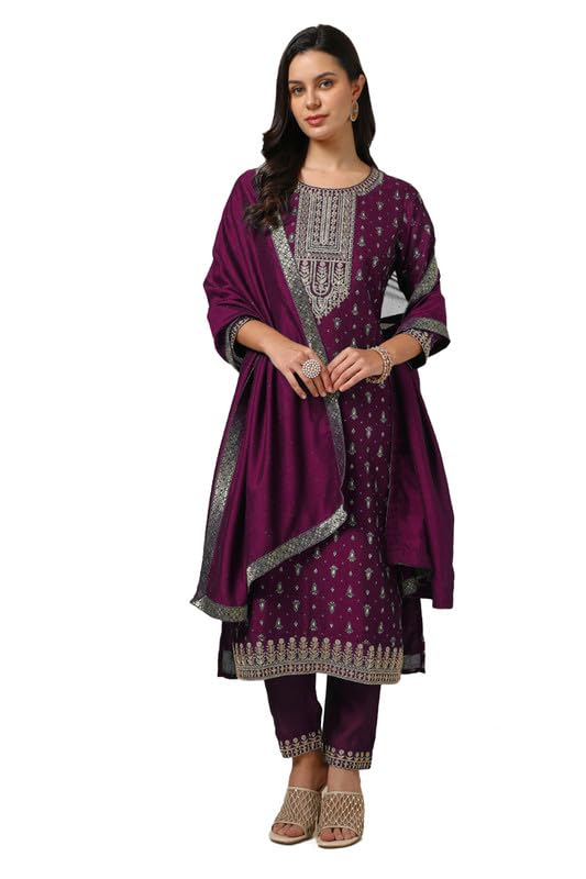 Soch Womens Wine Viscose Blend Foil Print Suit Set With Thread Work