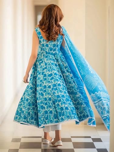 Tee Projekt WomenS Cotton Blend Floral Printed Anarkali Kurta Pant With Dupatta Set Ll Round Neck Ll Blue Kurta Set