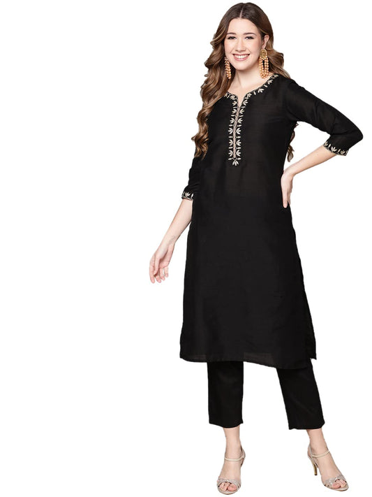 Anubhutee WomenS Cotton Black Ethnic Motifs Zari Work Embroidered Straight Kurta Suit Set With Trousers