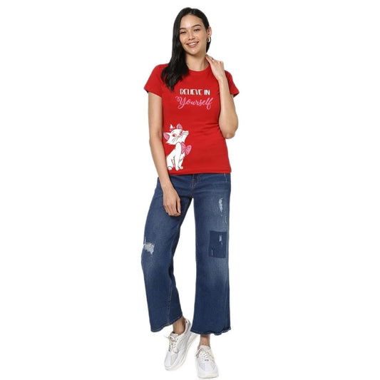 Bewakoof Womens Believe Cat Graphic Print Cotton T-Shirt- Regular Fit, Round Neck, Half Sleeves 578710_Red_XS