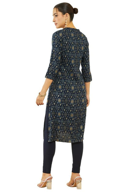Soch Womens Navy Blue Rayon Ikat Print Straight Kurta With Pocket